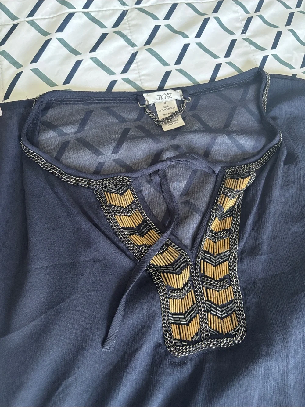 Cache Navy blue Sheer Tunic with Gold Embellished V-Neck